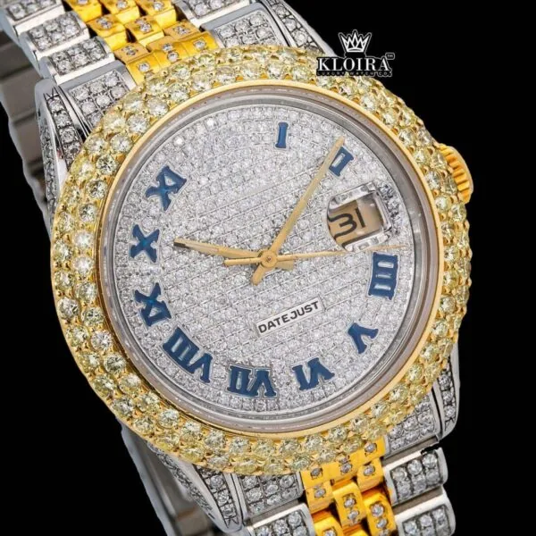 Two Tone Iced Out Dial Blue Roman Numerals Moissanite Diamond Watch Close Up Dial View