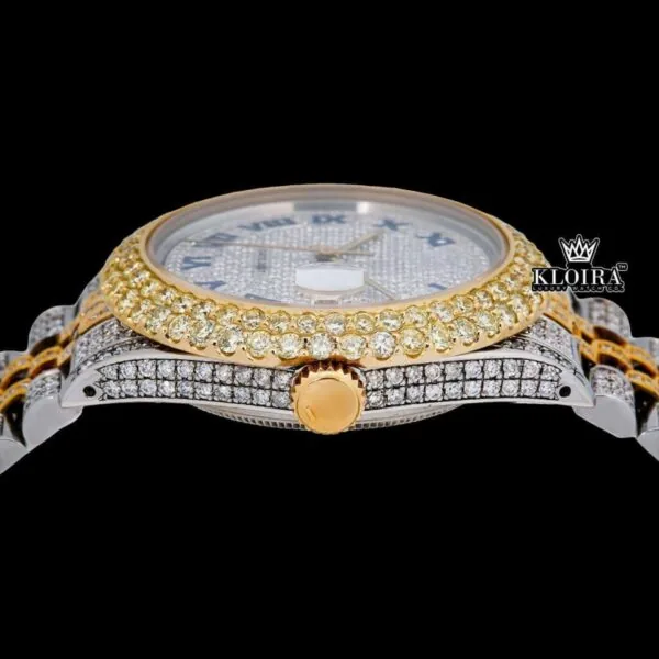 Two Tone Iced Out Dial Blue Roman Numerals Moissanite Diamond Watch Crown View