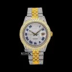 Two Tone Iced Out Dial Blue Roman Numerals Moissanite Diamond Watch
