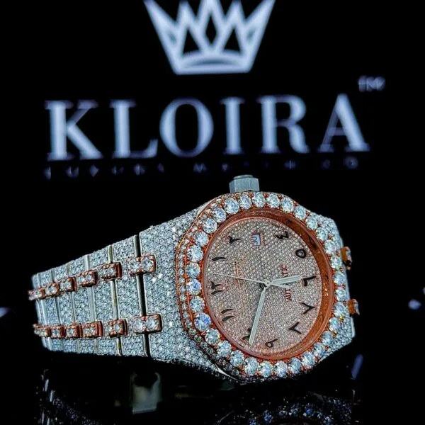 Two Tone Iced Out Rose Gold Dial Arabic Numerals AP Moissanite Watch Right Profile View