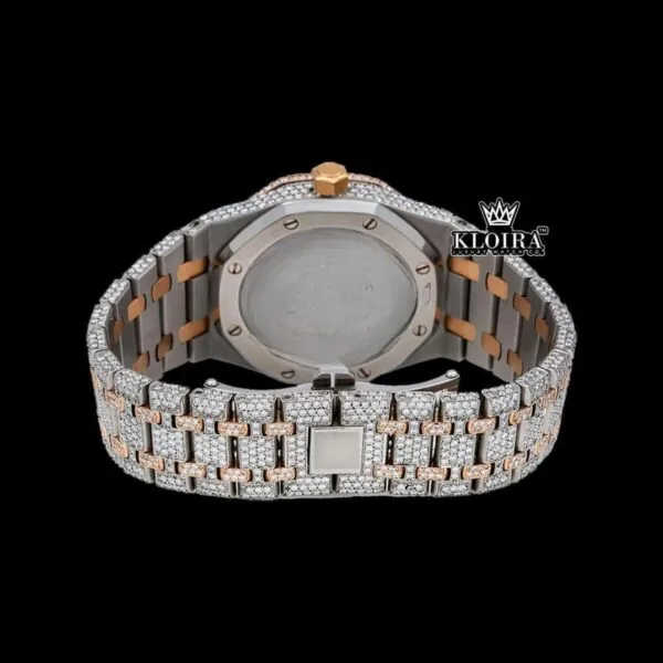 Two Tone Moonphase White Dial Fully Iced Out Moissanite Diamond Watch Caseback View