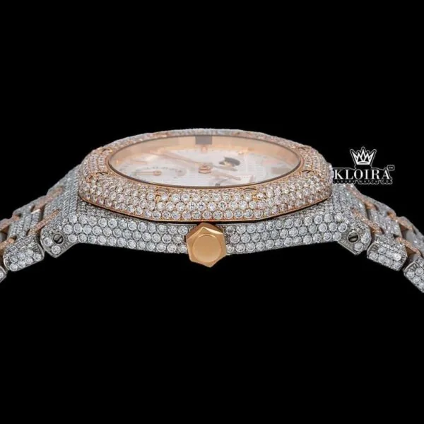 Two Tone Moonphase White Dial Fully Iced Out Moissanite Diamond Watch Crown View