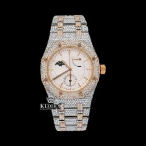 Two Tone Moonphase White Dial Fully Iced Out Moissanite Diamond Watch