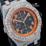 Two Tone Orange Dial Leather Strap Moissanite Diamond Watch Close Up Dial View