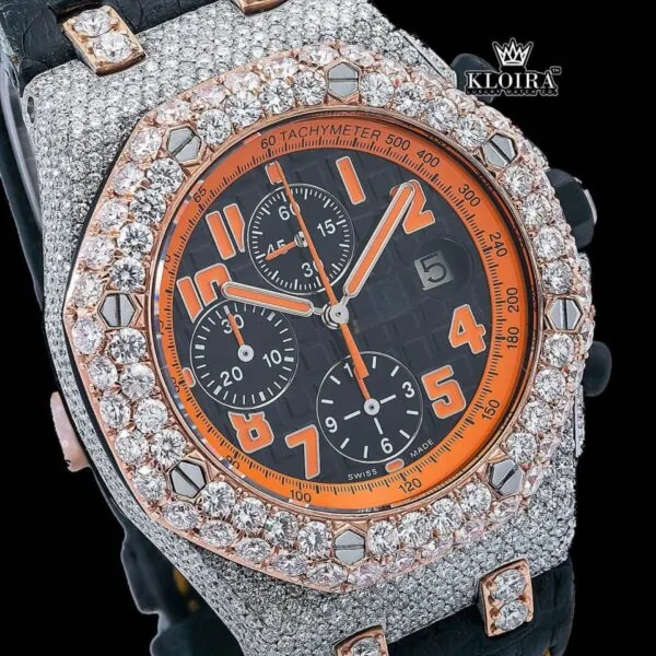 Two Tone Orange Dial Leather Strap Moissanite Diamond Watch Close Up Dial View