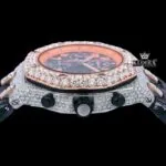 Two Tone Orange Dial Leather Strap Moissanite Diamond Watch Crown View