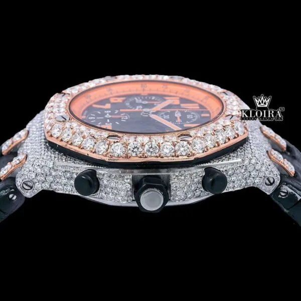 Two Tone Orange Dial Leather Strap Moissanite Diamond Watch Crown View
