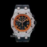 Two Tone Orange Dial Leather Strap Moissanite Diamond Watch Front View