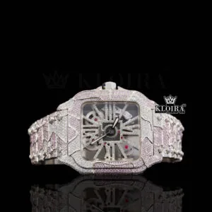 Two Tone Pink Skeleton Dial Fully Iced Moissanite Diamond Watch