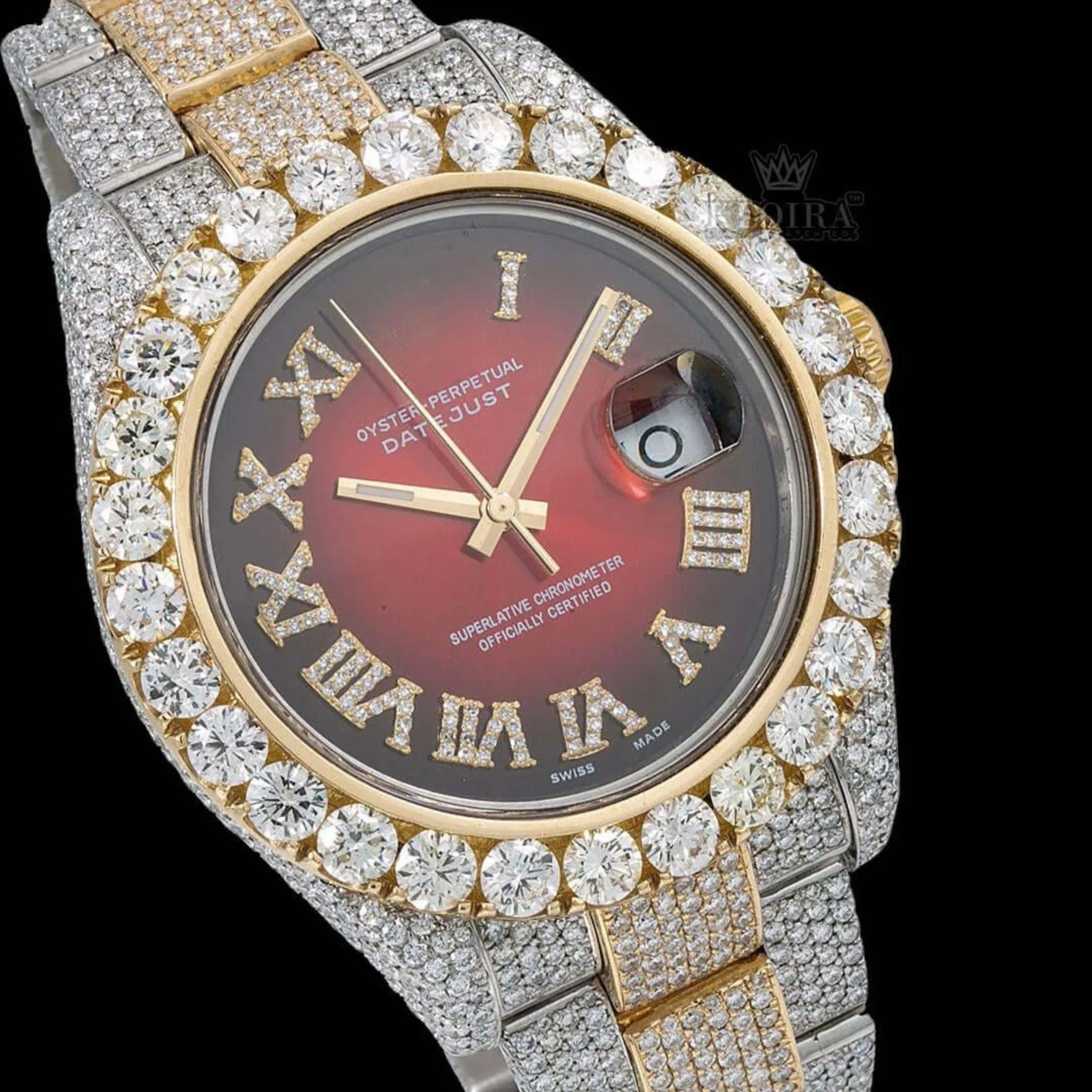 Two Tone Red Dial Roman Numerals Fully Iced Out Moissanite Diamond Watch Close Up Dial View