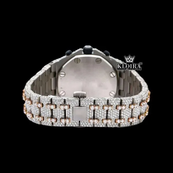 Two Tone Red Numerals Chronograph Iced Out Moissanite Diamond Watch Caseback View