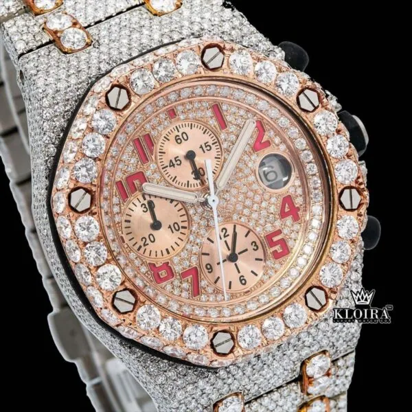 Two Tone Red Numerals Chronograph Iced Out Moissanite Diamond Watch Close Up Dial View
