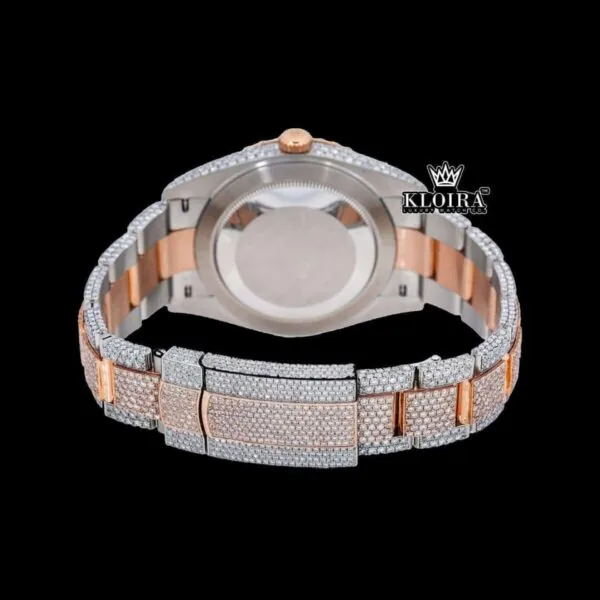 Two Tone Red Roman Numerals Dial Three Link Diamond Strap Moissanite Watch Caseback View