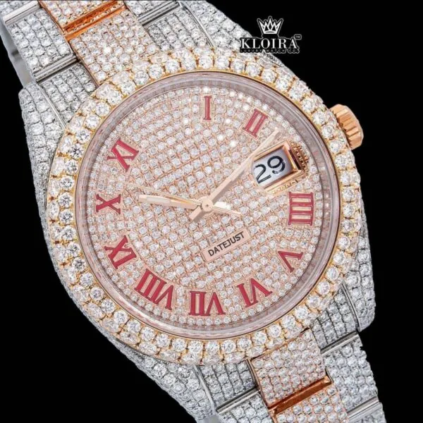 Two Tone Red Roman Numerals Dial Three Link Diamond Strap Moissanite Watch Close Up Dial View