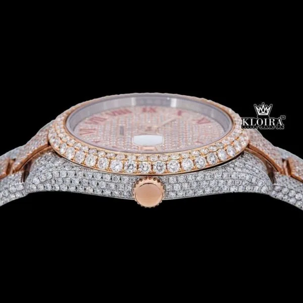 Two Tone Red Roman Numerals Dial Three Link Diamond Strap Moissanite Watch Crown View