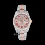 Two Tone Red Roman Numerals Dial Three Link Diamond Strap Moissanite Watch