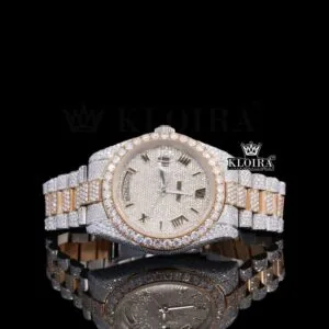 Two Tone Roman Dial Diamond Bezel Fully Iced Out Moissanite Watch