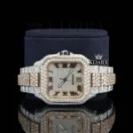 Two Tone Roman Numerals Rose Gold Moissanite Diamond Watch Close Up Front View