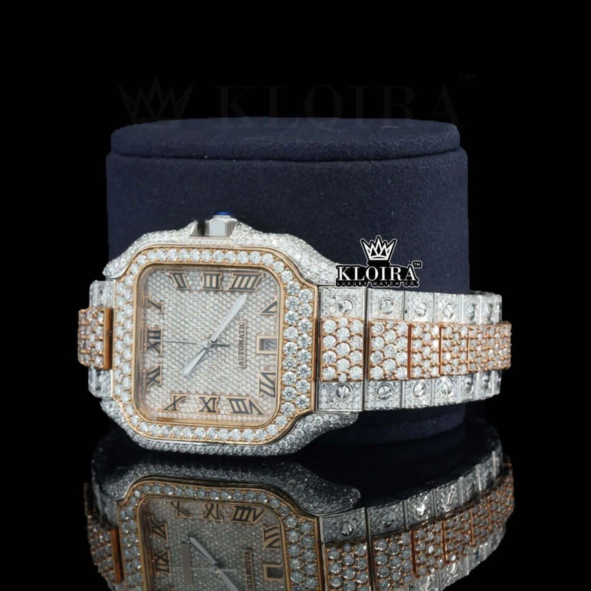 Two Tone Roman Numerals Rose Gold Moissanite Diamond Watch Left Profile View