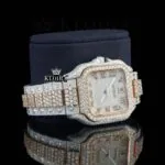 Two Tone Roman Numerals Rose Gold Moissanite Diamond Watch Right Profile View