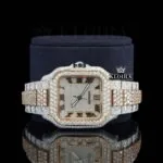 Two Tone Roman Numerals Yellow White Dial Moissanite Diamond Watch Close Up Dial View
