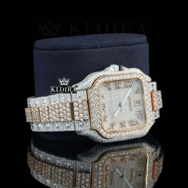 Two Tone Roman Numerals Yellow White Dial Moissanite Diamond Watch Right Profile View