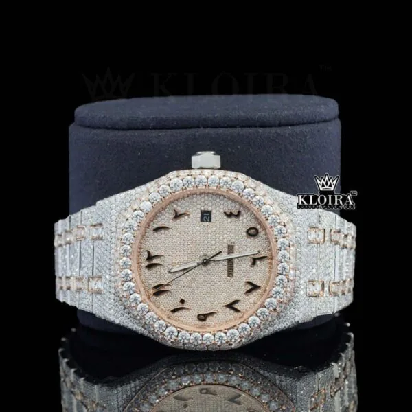 Two Tone Rose Gold Arabic Dial Iced Out Moissanite Diamond Watch Close Up Front View