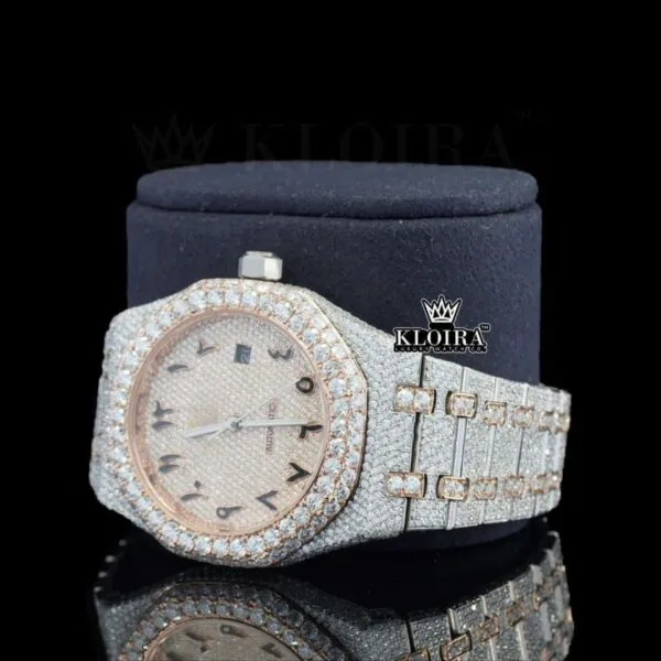Two Tone Rose Gold Arabic Dial Iced Out Moissanite Diamond Watch Left Profile View