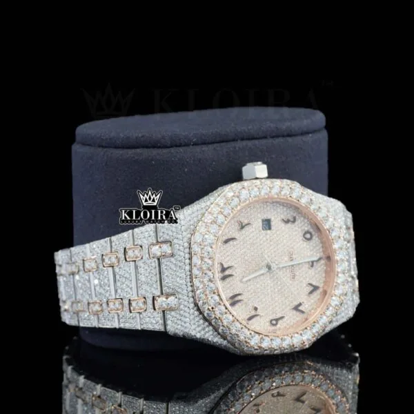 Two Tone Rose Gold Arabic Dial Iced Out Moissanite Diamond Watch Right Profile View