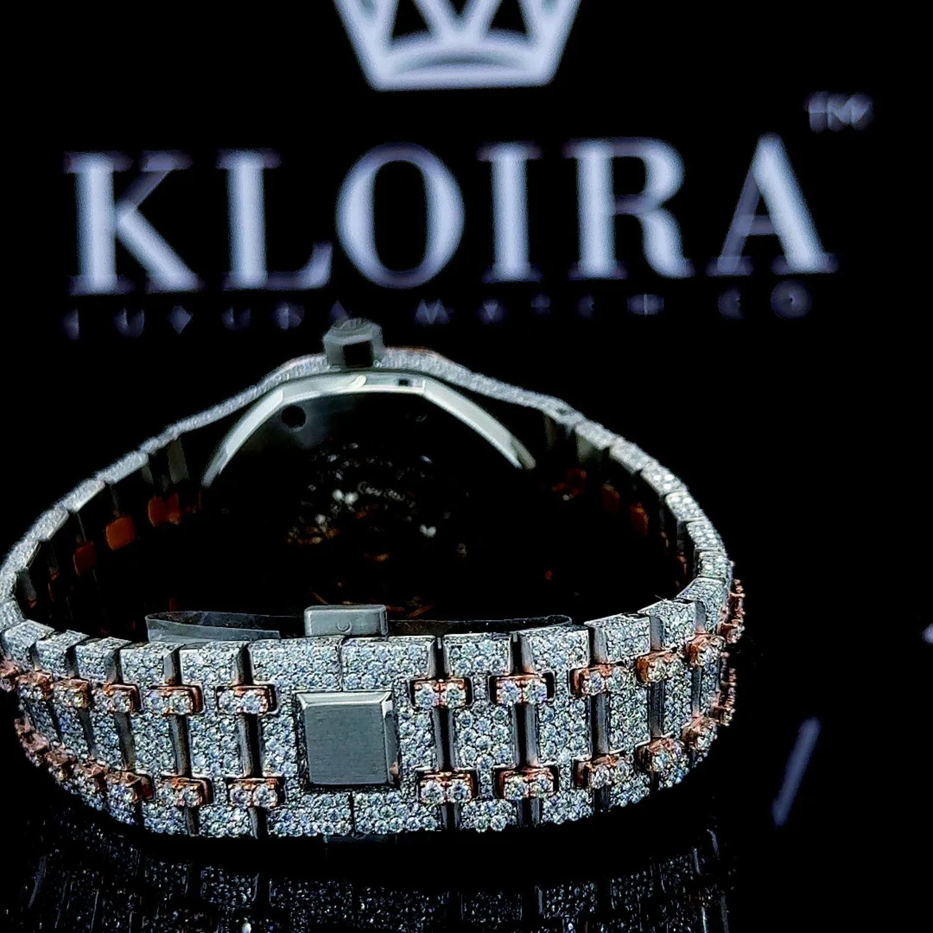 Two Tone Rose Gold Black Skeleton Dial Fully Iced Moissanite Watch Caseback View