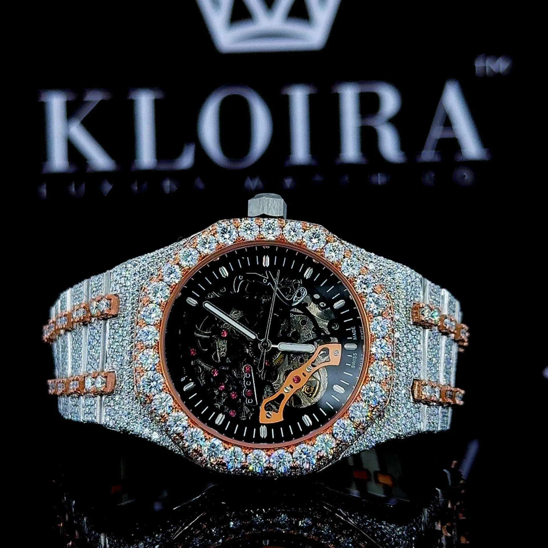 Two Tone Rose Gold Black Skeleton Dial Fully Iced Moissanite Watch Front View