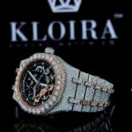 Two Tone Rose Gold Black Skeleton Dial Fully Iced Moissanite Watch Left Profile View