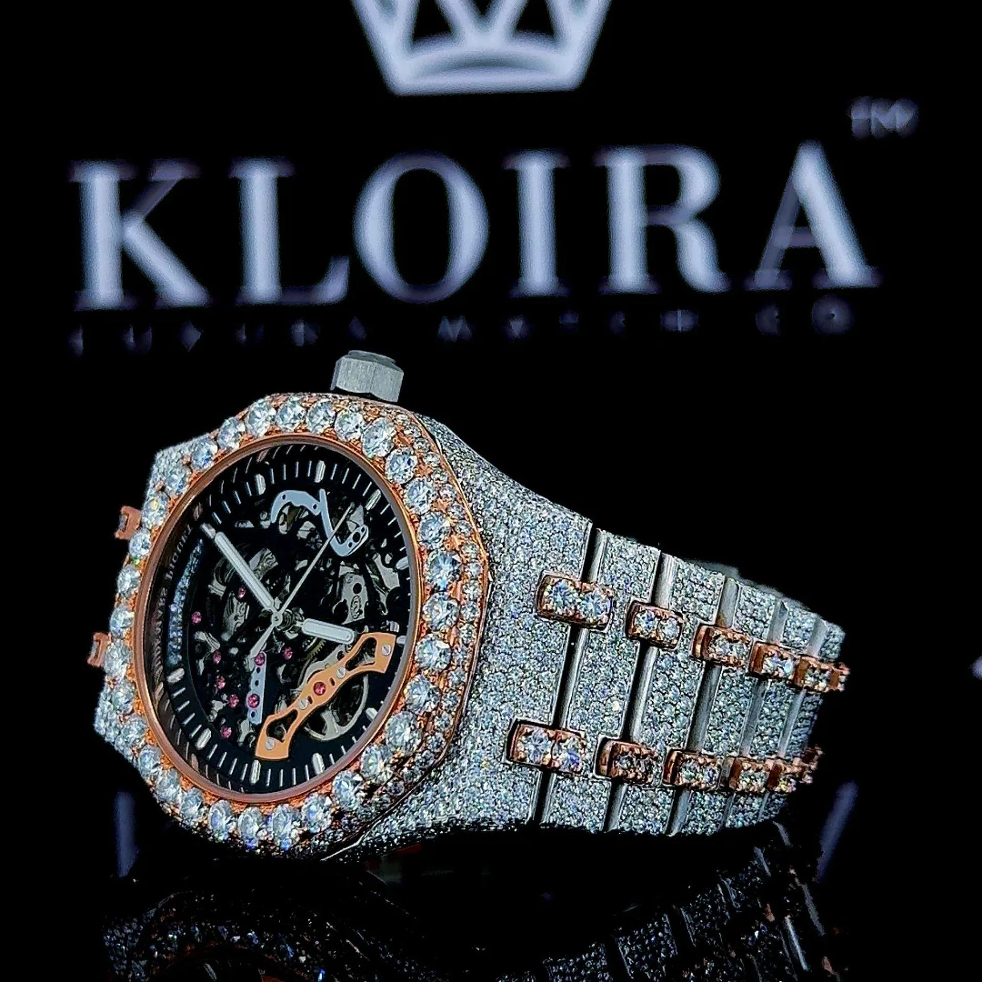 Two Tone Rose Gold Black Skeleton Dial Fully Iced Moissanite Watch Left Profile View