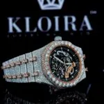 Two Tone Rose Gold Black Skeleton Dial Fully Iced Moissanite Watch Right Profile View