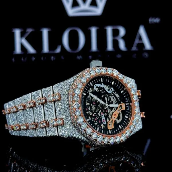 Two Tone Rose Gold Black Skeleton Dial Fully Iced Moissanite Watch Right Profile View