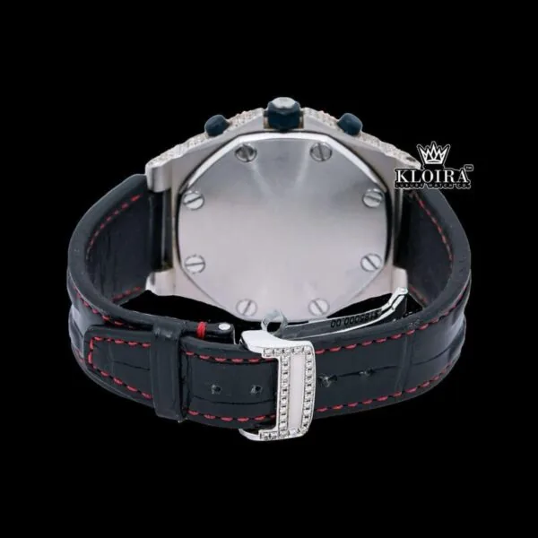 Two Tone Rose Gold Chronograph Dial Black Leather Strap Moissanite Watch Caseback View