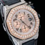 Two Tone Rose Gold Chronograph Dial Black Leather Strap Moissanite Watch Close Up Dial View