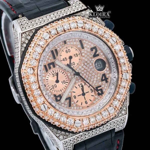 Two Tone Rose Gold Chronograph Dial Black Leather Strap Moissanite Watch Close Up Dial View