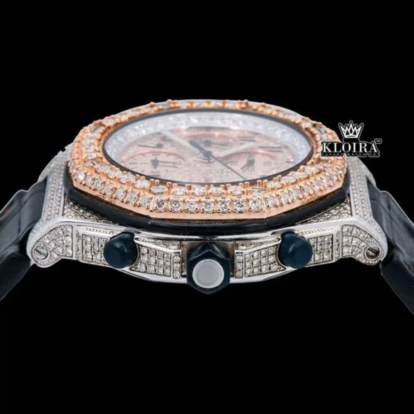 Two Tone Rose Gold Chronograph Dial Black Leather Strap Moissanite Watch Crown View