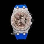 Two Tone Rose Gold Chronograph Dial Blue Rubber Strap Moissanite Watch