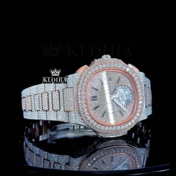 Two Tone Rose Gold Chronograph Moissanite Diamond Watch Close Up Dial View