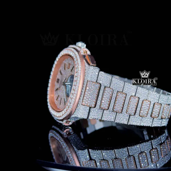 Two Tone Rose Gold Chronograph Moissanite Diamond Watch Left Profile View