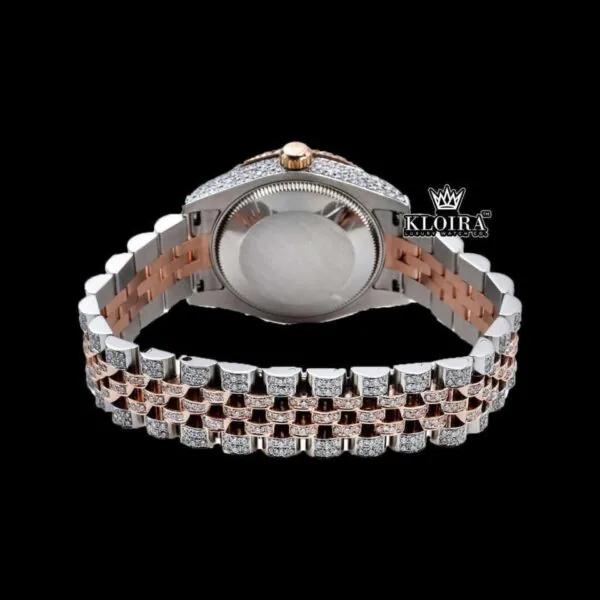 Two Tone Rose Gold Dial Blue Arabic Numerals Moissanite Diamond Watch Caseback View