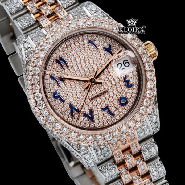 Two Tone Rose Gold Dial Blue Arabic Numerals Moissanite Diamond Watch Close Up Dial View