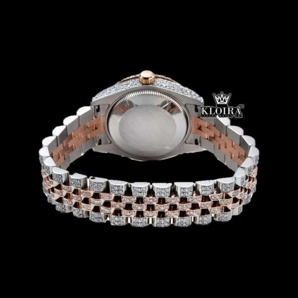 Two Tone Rose Gold Dial Blue Arabic Numerals Moissanite Diamond Watch's Caseback View