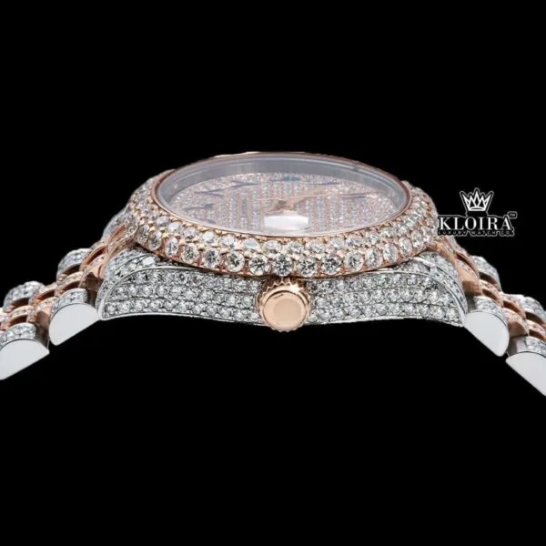 Two Tone Rose Gold Dial Blue Arabic Numerals Moissanite Diamond Watch Crown View