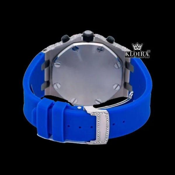 Two Tone Rose Gold Dial Chronograph Blue Rubber Strap Moissanite Watch Caseback View