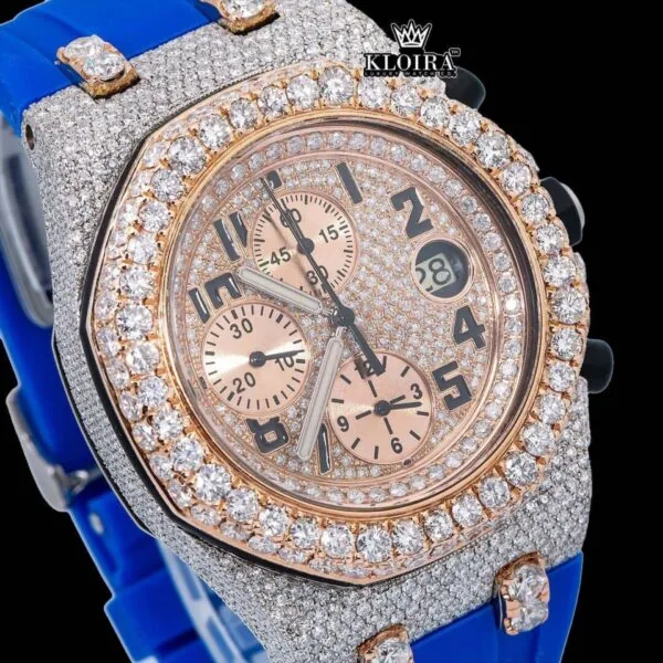 Two Tone Rose Gold Dial Chronograph Blue Rubber Strap Moissanite Watch Close Up Dial View