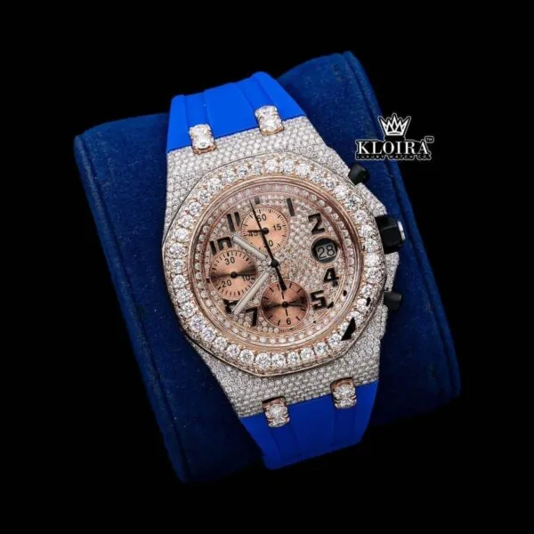 Two Tone Rose Gold Dial Chronograph Blue Rubber Strap Moissanite Watch Close Up Front View