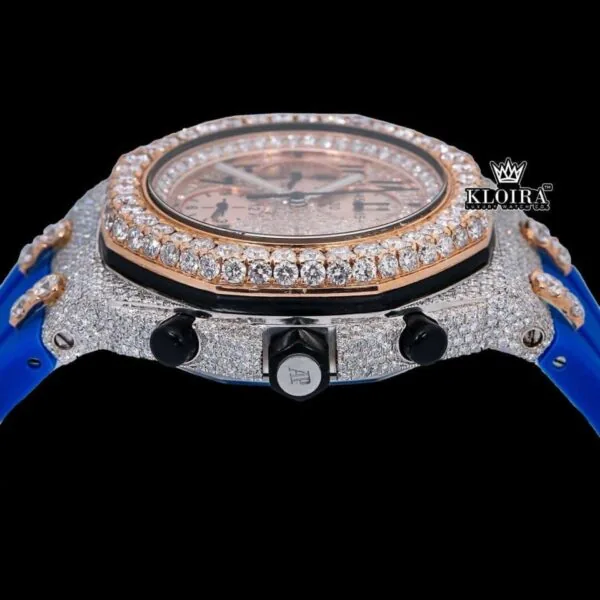 Two Tone Rose Gold Dial Chronograph Blue Rubber Strap Moissanite Watch Crown View